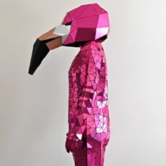 Exotic Pink Flamingo Mirror Mask: 3D Reflective Silver & Pink Mosaic Helmet for Tropical Festivals, Pool Parties, and High-End Stage Acts